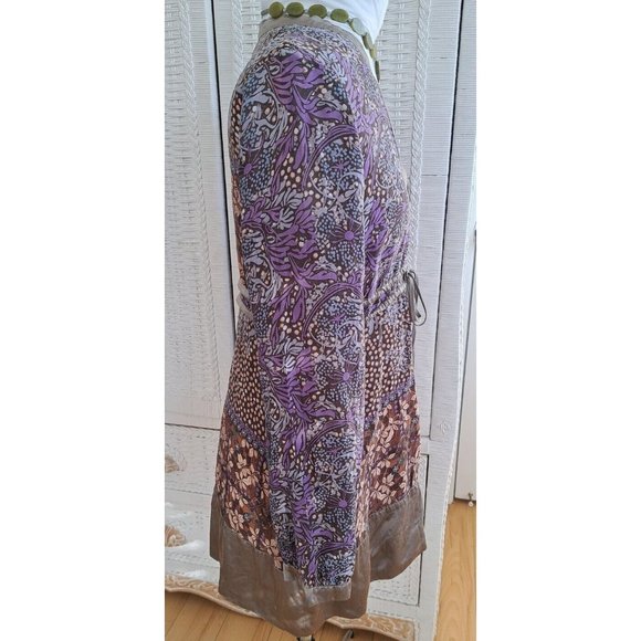 Magic Mystery Boho Bell Sleeve Tunic Top Multi Print Taupe/ Purple Sz S - Picture 5 of 9